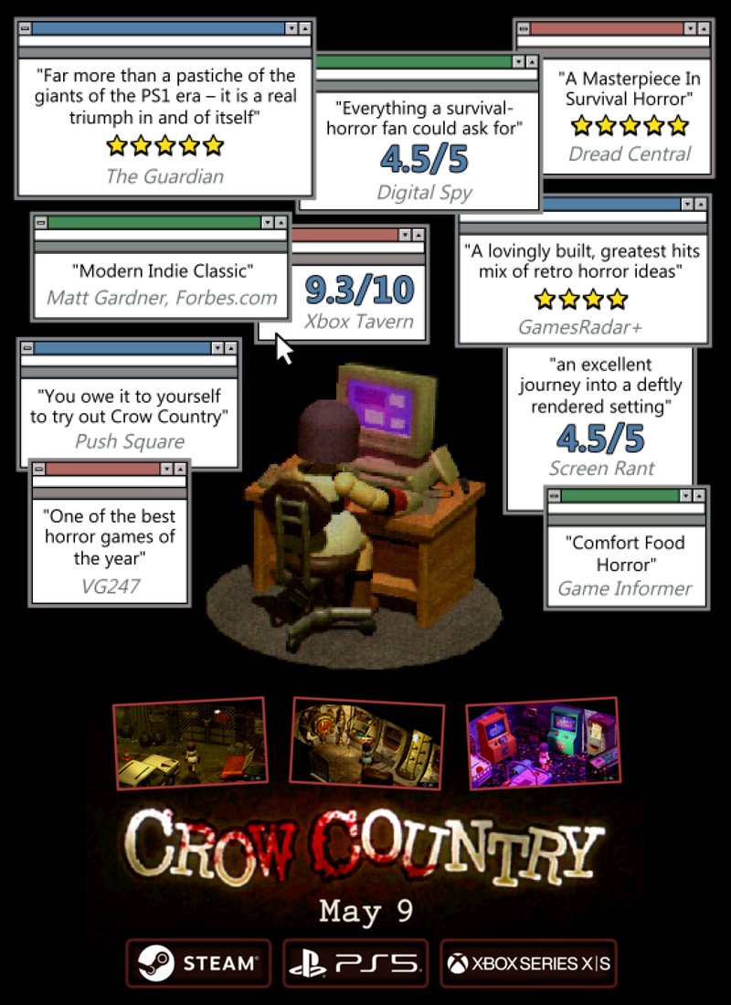 Crow Country releases TODAY at 4pm BST (on Steam, PS5 and Xbox Series X|S) - Reviews have been coming in and they've been really positive!!!