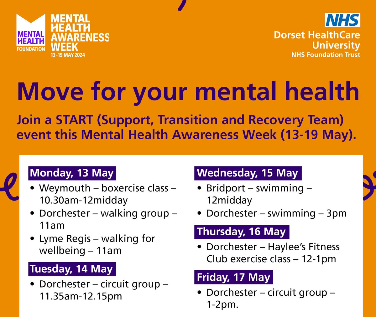 Next week is #MentalHealthAwarenessWeek (13-19 May) and we are encouraging everyone to get moving for their mental health. Try out one of our START (Support, Transition and Recovery Team) activities. Contact the team to attend: dhc.start@nhs.net #MomentsForMovement #MHAW