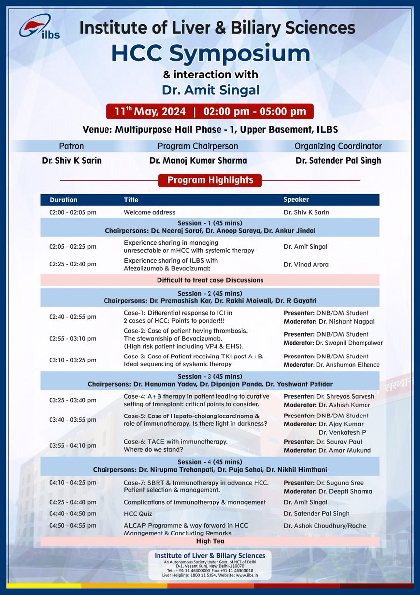 'Immunotherapy is revolutionizing HCC treatment! By harnessing the body's immune system, it targets liver cancer cells, offering new hope for patients. @ILBS_India presents HCC symposium and interaction with @docamitgs @UTSWMedCenter on 11th May 2024 at ILBS