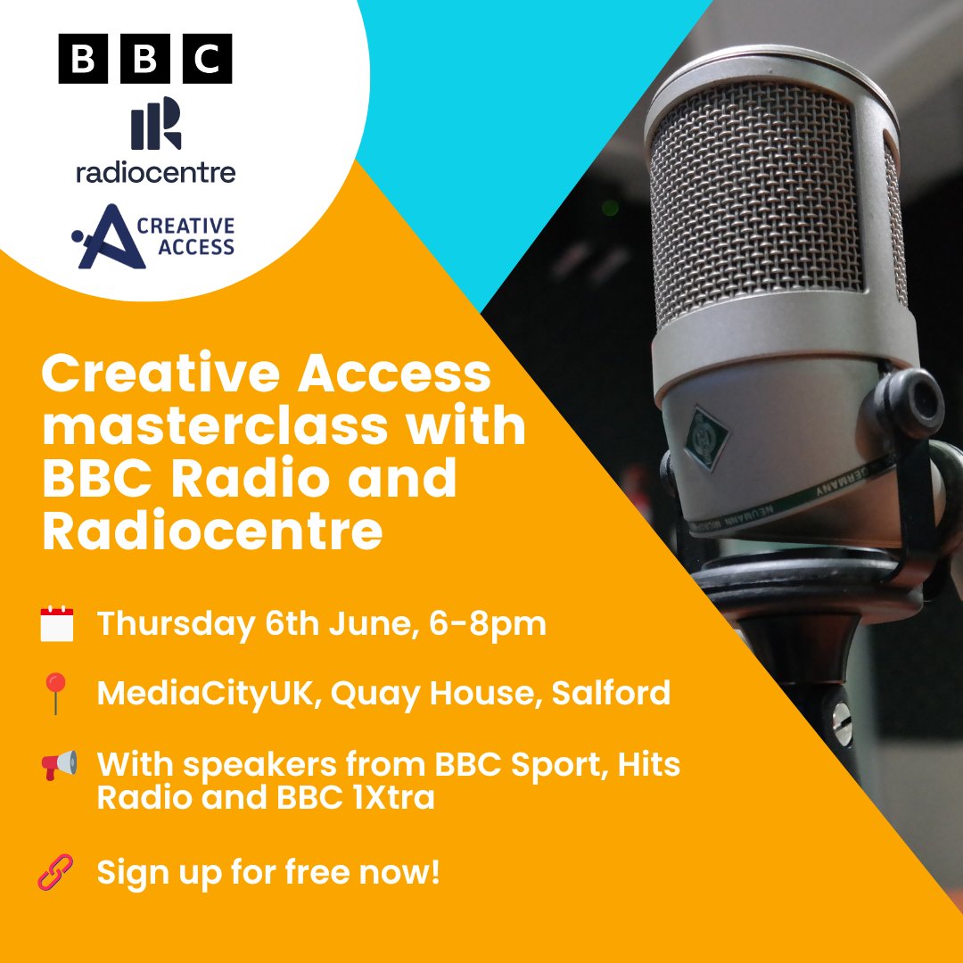 Creative Access (@_creativeaccess) on Twitter photo Heads up if you live in the #NorthWest, it's time to clear your diaries for the 6th June: We're coming to #Salford to host a radio masterclass with <a href="/BBC/">BBC</a> & <a href="/Radiocentre/">Radiocentre</a>! 💥
📆Thursday 6th June, 6-8pm
📌MediaCityUK, Salford
🔗 Sign up for free: opportunities.creativeaccess.org.uk/job/creative-a… Heads up if you live in the #NorthWest, it's time to clear your diaries for the 6th June: We're coming to #Salford to host a radio masterclass with <a href="/BBC/">BBC</a> & <a href="/Radiocentre/">Radiocentre</a>! 💥
📆Thursday 6th June, 6-8pm
📌MediaCityUK, Salford
🔗 Sign up for free: opportunities.creativeaccess.org.uk/job/creative-a…