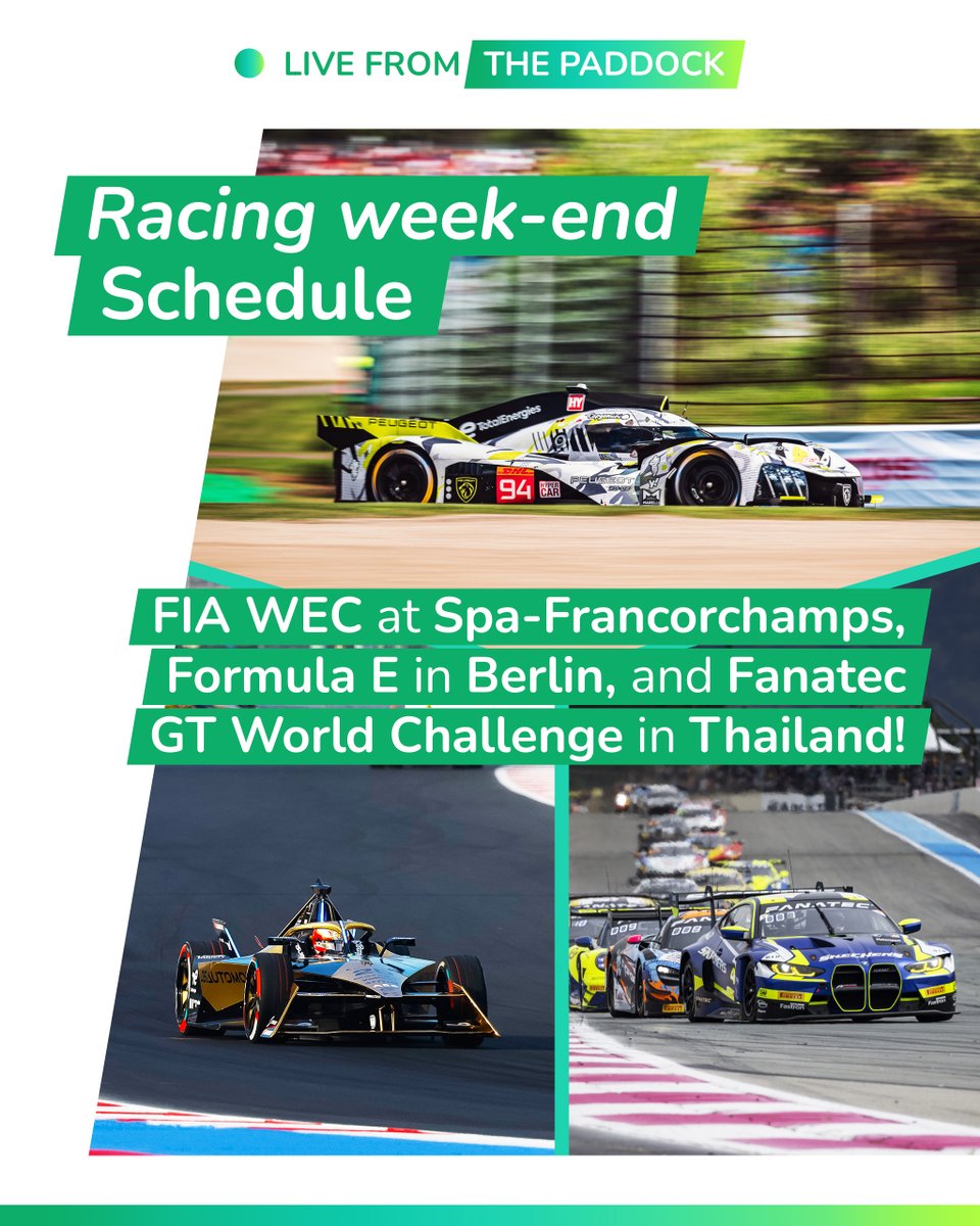 ✳️ Live From The Paddock! What will you watch this weekend? We've got #WEC at Spa-Francorchamps 🇧🇪, #FormulaE in Berlin 🇩🇪 and Fanatec GT World Challenge Asia in Thailand 🇹🇭! ✨ #SustainableMotorsport #ExcelliumRacing100 #Endurance #Electric @DS_Performance @GTWorldChAsia