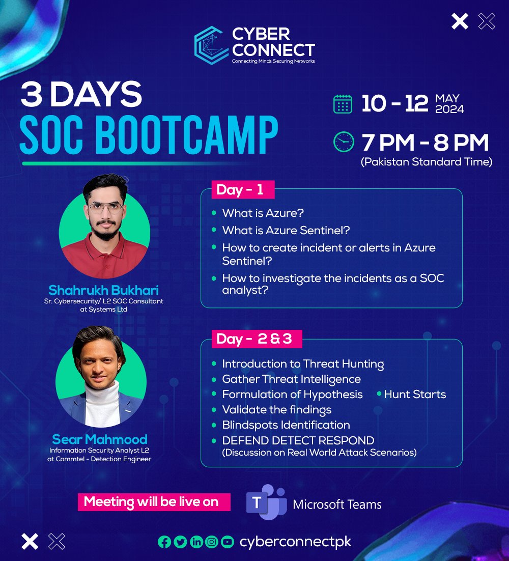 cyberconnectpk's tweet photo. Elevate your cybersecurity skills with our 3-days SOC Bootcamp!🤩

Join industry experts Shahrukh Bukhari and Sear Mehmood for an immersive blue team learning experience.

Don't miss this incredible opportunity to level up your cybersecurity game! https://t.co/5EwqQ10eh3
