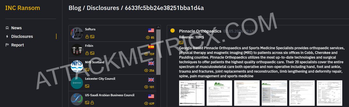 🚨 #Ransomware Alert: The group 'incransom' has targeted Pinnacle Orthopaedics.

The incident was discovered on May 09, 2024.

Data publication deadline set by 'incransom' Deadline May 02, 2024.

#incransom #attackmetricx #cymetricx #darkweb #threatintel #darkmetricx