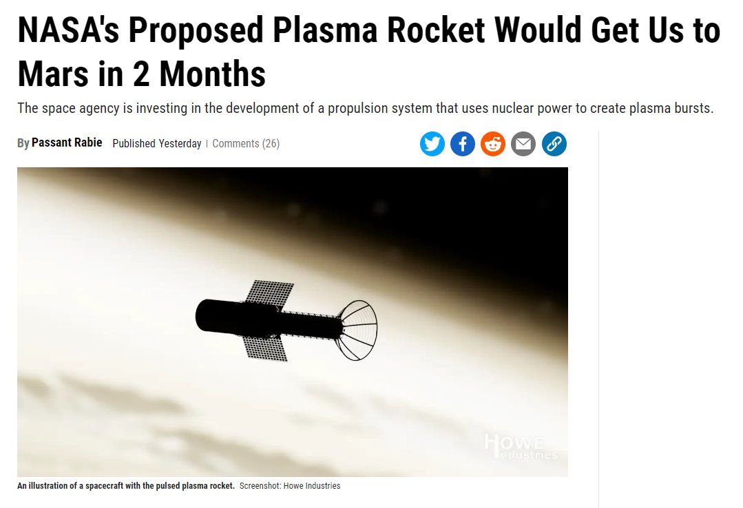 'NASA is working with a technology development company on a new propulsion system that could drop off humans on Mars in a relatively speedy two months’ time rather than the current nine month journey required to reach the Red Planet.' @Gizmodo
