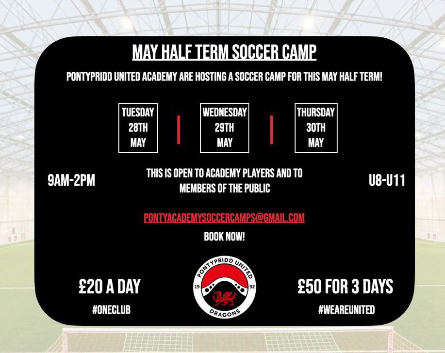 ⚽️ 𝙈𝘼𝙔 𝙃𝘼𝙇𝙁 𝙏𝙀𝙍𝙈 Still some spaces left for our upcoming May half term soccer camp! A reminder this is 𝗢𝗣𝗘𝗡 𝗧𝗢 𝗔𝗟𝗟! Contact us for more details! #OneClub #WeAreUnited