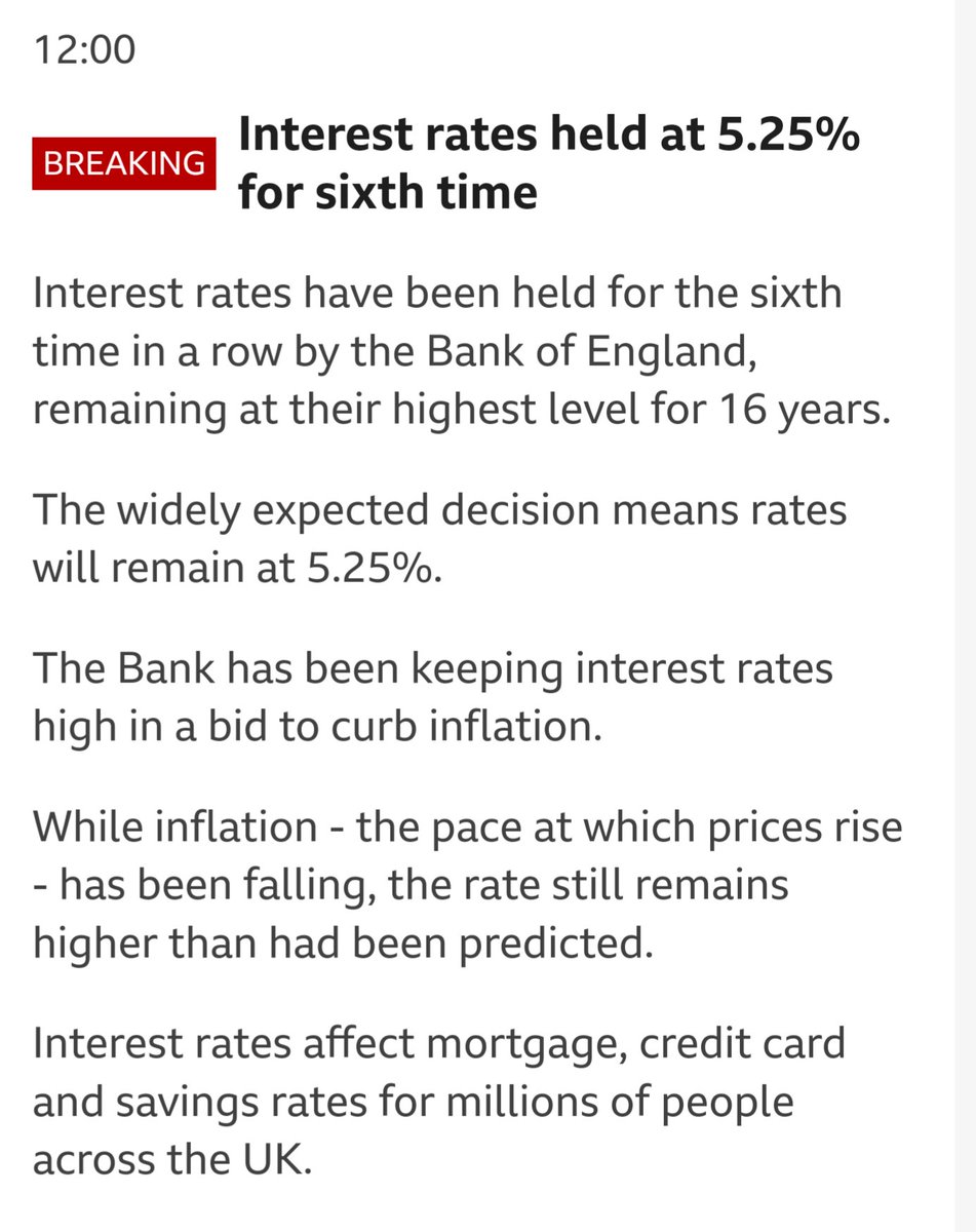 BREAKING - Interest Rate held at 16 year high of 5.25%. So much success @RishiSunak. 😖 #GeneralElectionNOW