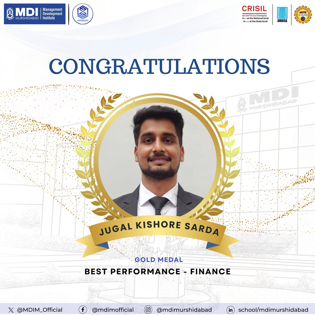 #MDIM proudly honors  Mr Jugal Kishore Sarda for earning the prestigious Gold Medal in #Finance for the #PGDM class of 2022-24.His exceptional dedication and academic excellence serve as a beacon of inspiration for his peers in the Finance domain. #MBA #MDI #Management