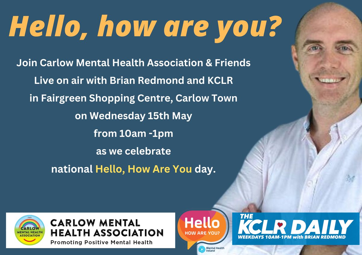 Are you ready to say #HelloHowAreYou on 15th May? We would love you to join us as we broadcast live from   Fairgreen Shopping Centre with KCLR96FM. Make sure you tune in for lost of chats , advice and information on all things #mentalhealth