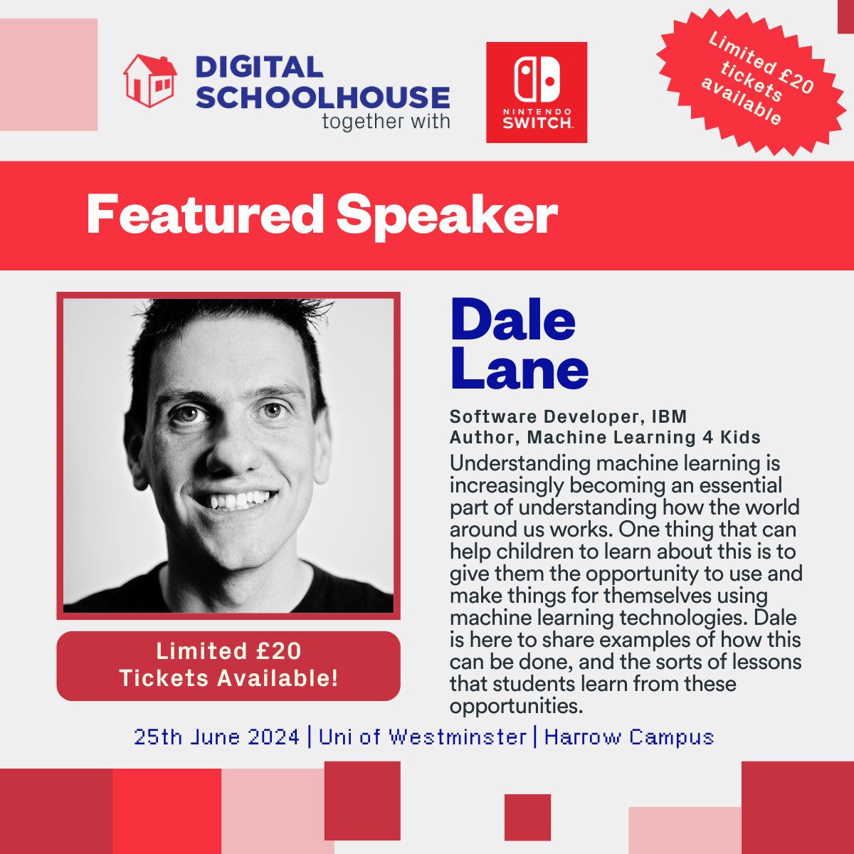 🎉 Your next speaker to be delivering a session at the upcoming Playful Computing Conference is the wonderful Dale Lane 🤖 Get to grips with machine learning and utilise this tool within your classroom 🎟️ Limited £20 tickets available until 3rd June eventbrite.co.uk/e/866394738987…
