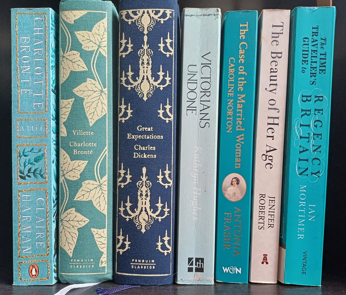 Bit of bookshelf colour coordination 💙 @claire_harman #CharlotteBronte #CharlesDickens #KathrynHughes #AntoniaFraser #JeniferRoberts @IanJamesFM