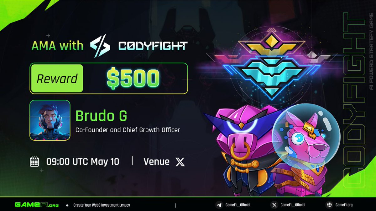 GameFi.org x @codyfight: AI Powered Strategy Game 🔥 💰 Reward: $500 ⏰ 09:00 UTC May 10 📍 Set reminder here: x.com/i/spaces/1voxw… Host: Go - GameFi.org Guest: Andrew (Brudo G) - Co-Founder & Chief Growth Officer Rules: 1. Like, repost, comment…