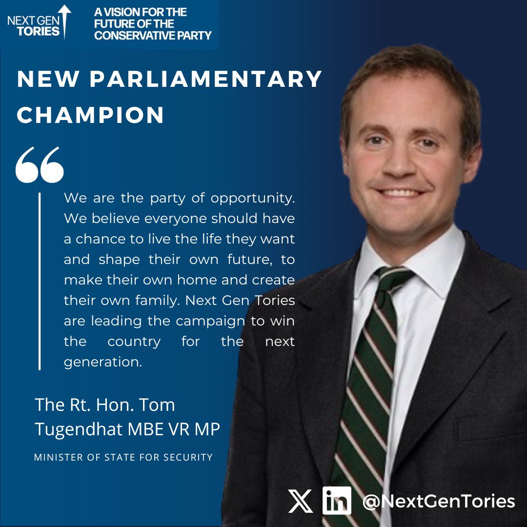 📢 NEW PARLIAMENTARY CHAMPION We are delighted to welcome @TomTugendhat as a NGT Parliamentary Champion. 🤝 He shares our values for greater opportunities for young people, home ownership & families. ✍️ Interested in joining us? Sign-up here ➡️ nextgentories.com/become-a-member