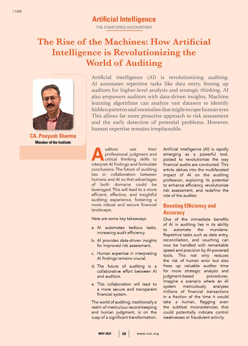 AIinICAI's tweet photo. Explore "The Rise of the Machines: How AI Revolutionizes Auditing" in The Chartered Accountant. Discover how AI enhances auditing with insights from CA. Peeyush Sharma!(1/2)
Read here: https://t.co/QKQGpx3KNc
#AIinAuditing #CharteredAccountants #AIinICAI https://t.co/D74O2alHEz
