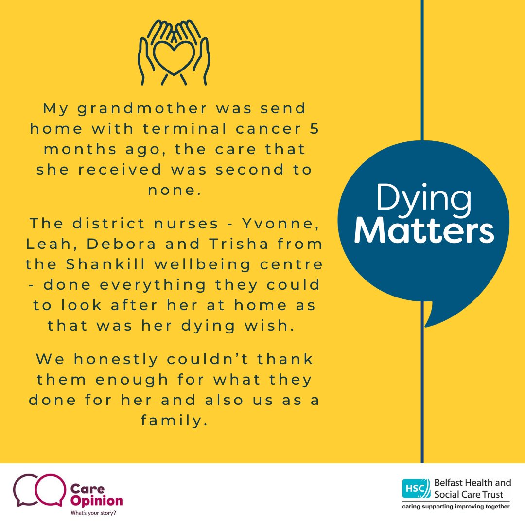 #TheWayWeTalkAboutDeathMatters Did you know that District Nurses are the Community key workers for palliative and end of life care? Some kind feedback shared on @CareOpinion about our District Nurses.