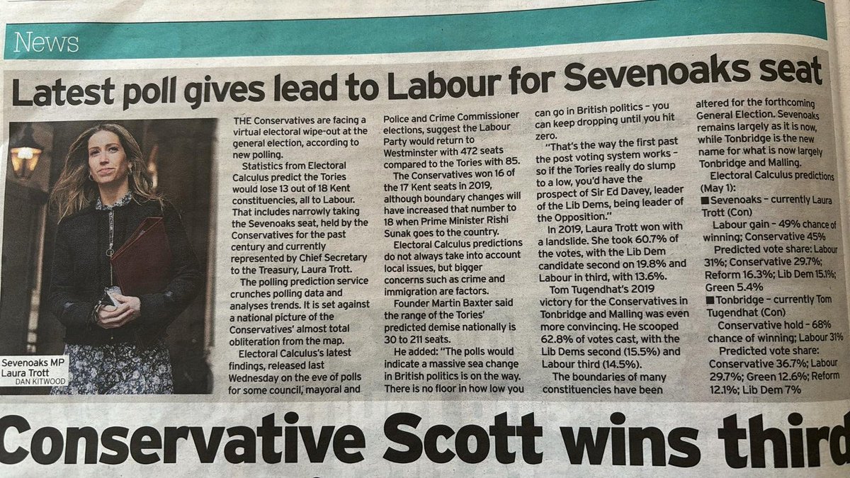 Very happy the @7OaksChronicle is telling people in #Sevenoaks & #Swanley that current polling shows @SevenoaksLabour have the best chance to #GetTrottOut but we must not forget it's by talking to people about what @UKLabour can reform, change & offer that we'll #GetTheToriesOut.