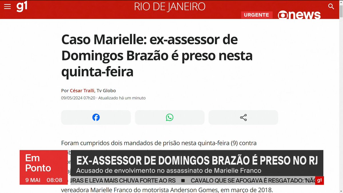 Dois mandados de prisão foram cumpridos no caso da vereadora Marielle Franco, nesta quinta (9), no Rio. Trata-se de um ex-assessor de Domingos Brazão e de um PM apontado como ex-chefe de milícia. Informações de @CesarTralli 

➡ Assista ao #GloboNewsEmPonto, com sinal aberto no…