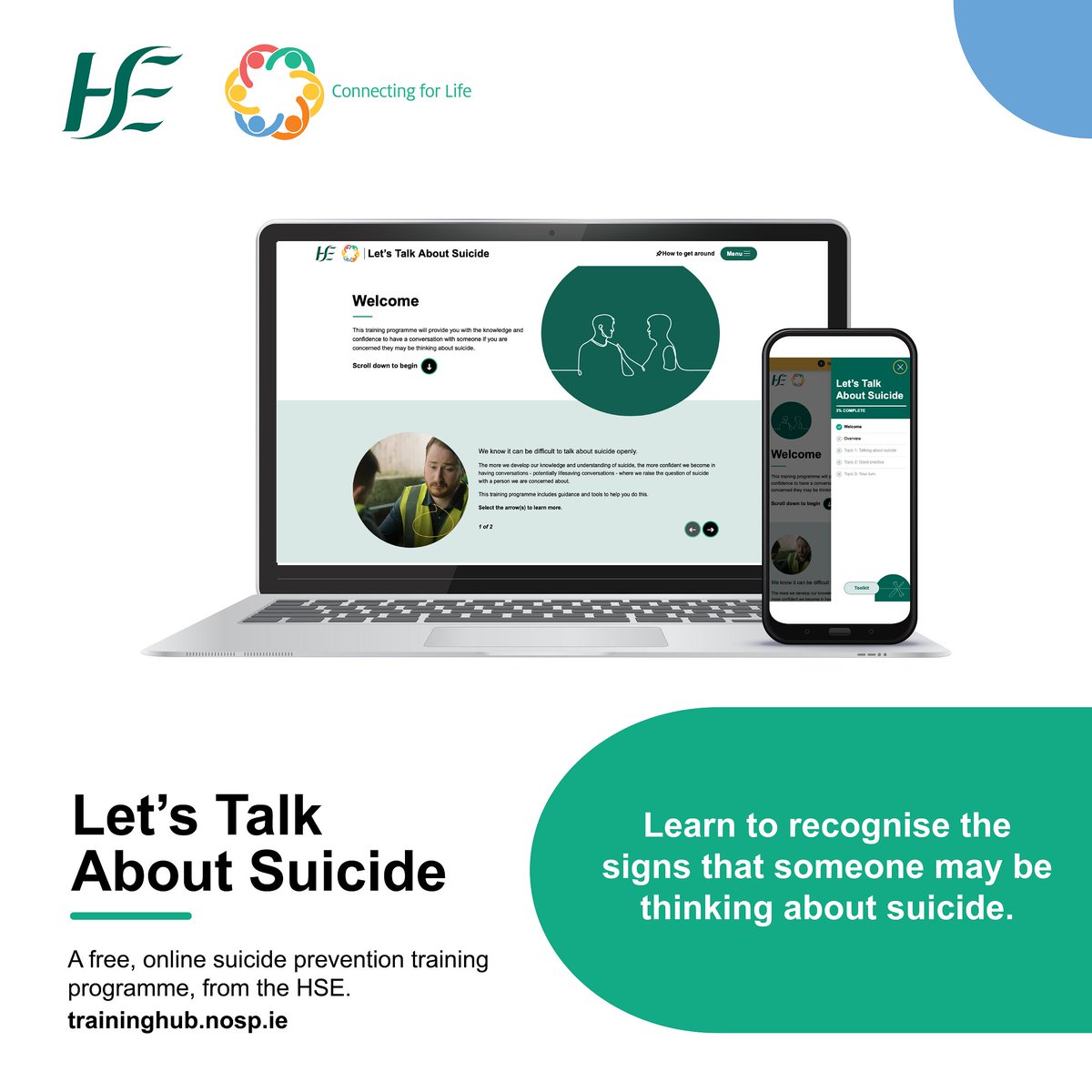 @NOSPIreland has introduced #LetsTalkAboutSuicide – a new free online suicide prevention training programme, now available for anyone over the age of 18, in Ireland. Acess the training here: traininghub.nosp.ie #ConnectingForLife | @HSELive