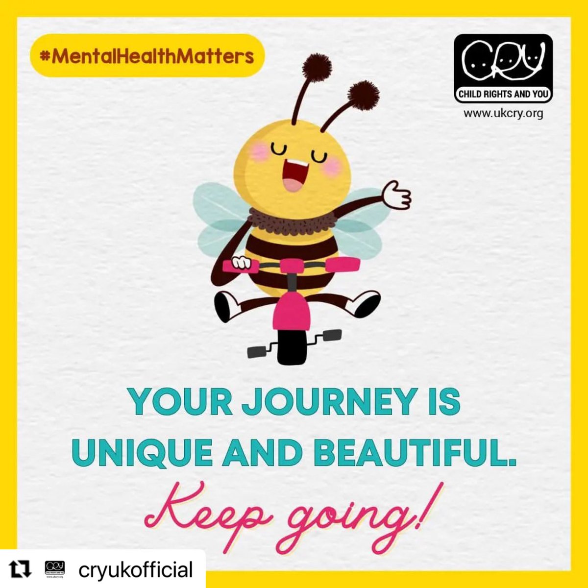 Your journey is a masterpiece, crafted with resilience, courage, and hope. 🎨 Remember, amidst the storms and the sunshine, your uniqueness shines brightest. 🌈 Keep Going! 
.
.
.
 #CRYIndia #MentalHealthMatters #BeeUnique #KeepGoing