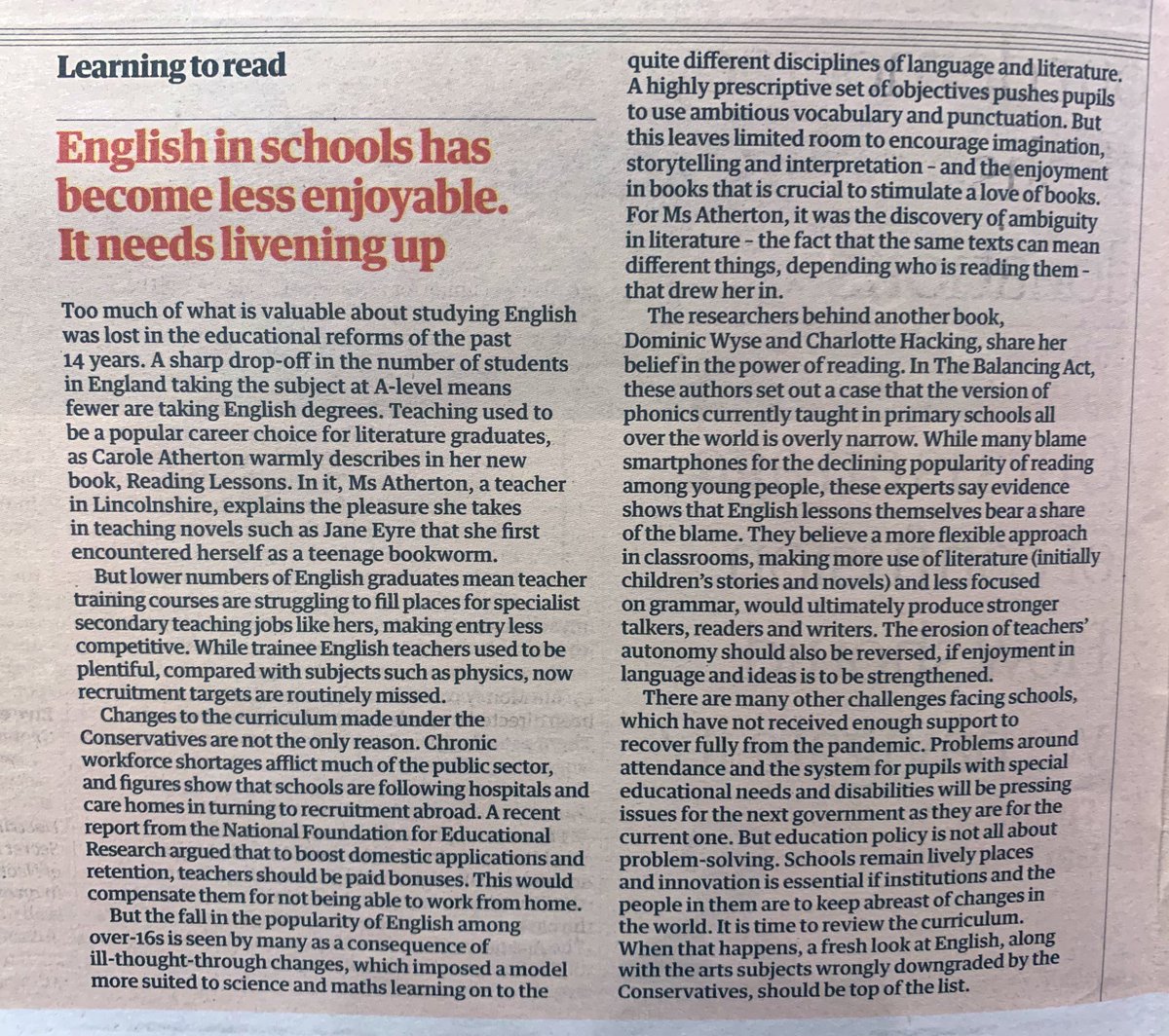 Great to see a positive response to Friday’s @guardian editorial. Enjoyment of books and of writing is being squeezed from the curriculum. The Balancing Act looks at how to ensure children develop both skills and motivation to read and write in a culture that promotes creativity.