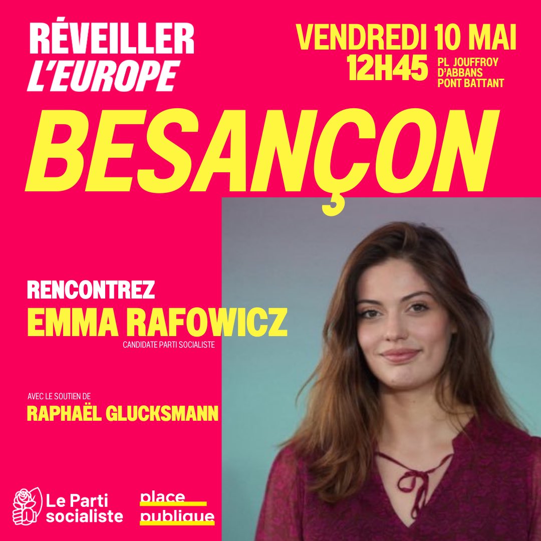 Venez rencontrer notre candidate @EmmaRafowicz à Besançon ! 📍 Pont Battant - Pl. Jouffroy D’Abbans 🕙 12h45 À demain 🔴🟡