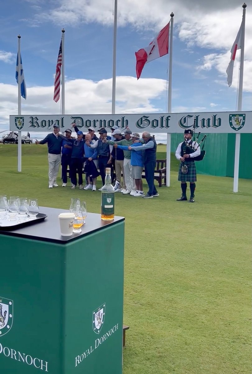 Bagpipes and drams greeted this group on the first tee this morning as they celebrating a birthday with a round on the Championship Course. 🥃 #royaldornochlinks #happybirthday