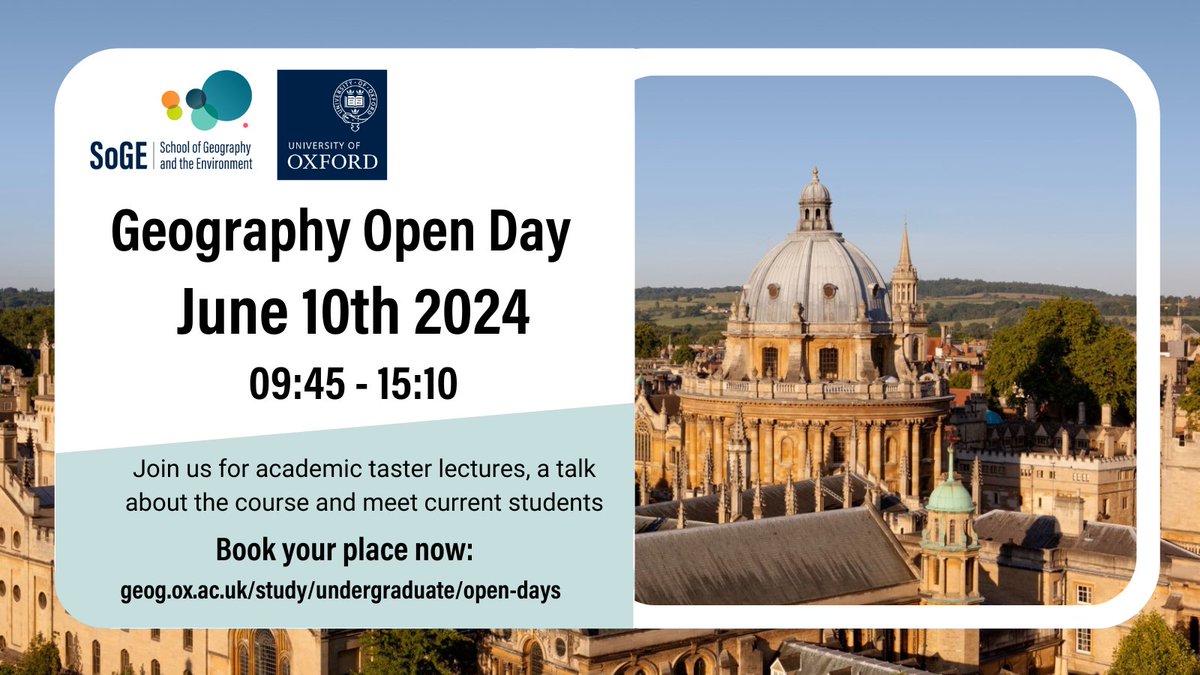 The School of Geography and the Environment are holding an Open Day on 10th June. A great opportunity for those interested! Find out more here: geog.ox.ac.uk/study/undergra…