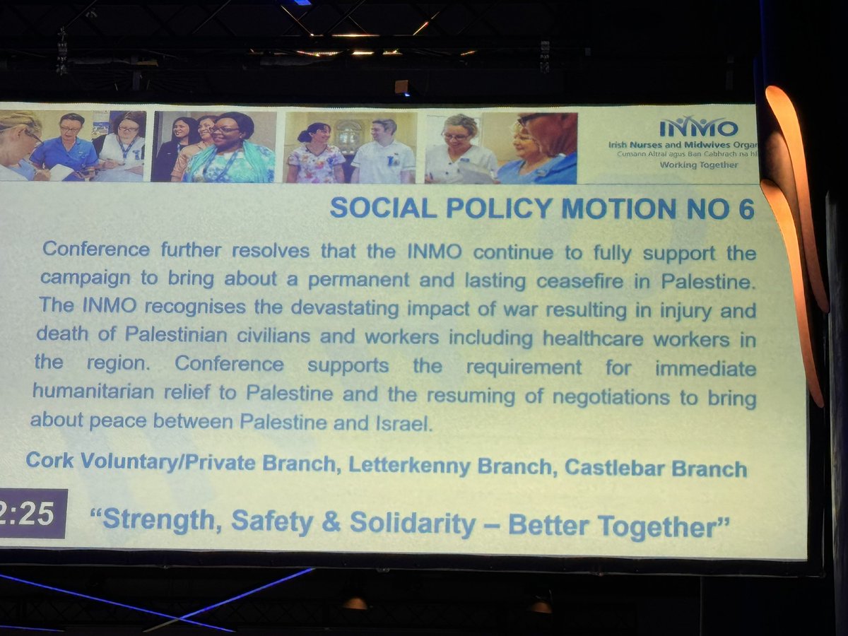 So impressed, listening to well informed and eloquent nurses and midwives @INMO_IRL supporting a resolution on supporting Palestine civilians and HCWs —in the presence of Palestine Ambassador Dr Julian Wahba Abdolmajid #Solidarity #nursesforpeace