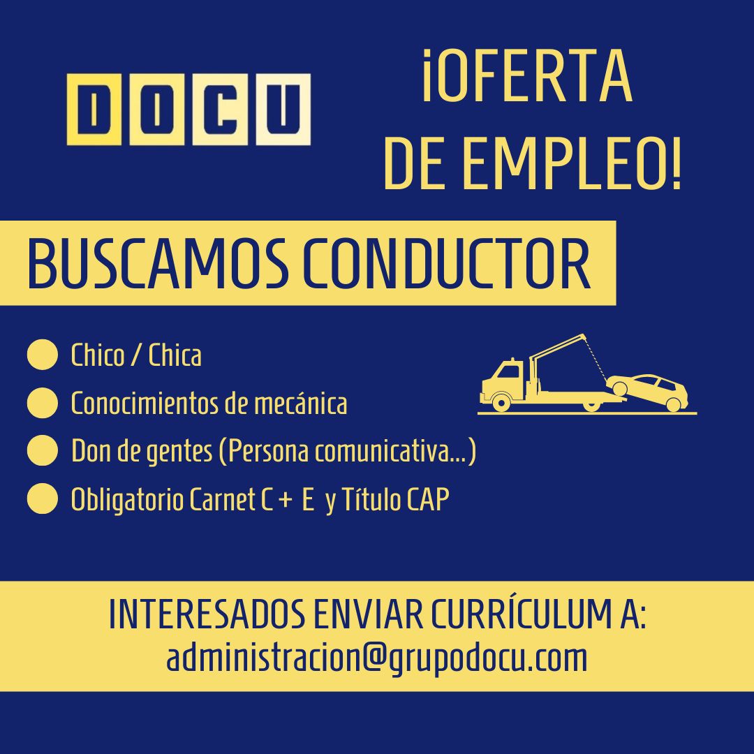 Grupo Docu (@grupodocu) on Twitter photo BUSCAMOS #CONDUCTOR ‼️
🟡 Chico/Chica
🟡 Conocimientos de mecánica
🟡 Don de gentes (Persona comunicativa,...)
🟡 Obligatorio Carnet C+E y Título CAP
Envíanos tu currículum a 👇
📩 administracion@grupodocu.com
#trabajo #ofertadetrabajo #ofertalaboral #ofertadeempleo #Cáceres BUSCAMOS #CONDUCTOR ‼️
🟡 Chico/Chica
🟡 Conocimientos de mecánica
🟡 Don de gentes (Persona comunicativa,...)
🟡 Obligatorio Carnet C+E y Título CAP
Envíanos tu currículum a 👇
📩 administracion@grupodocu.com
#trabajo #ofertadetrabajo #ofertalaboral #ofertadeempleo #Cáceres