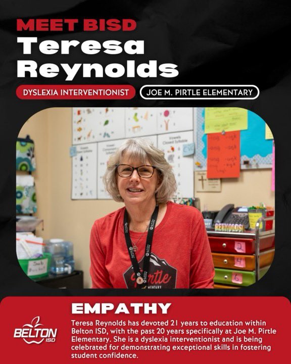 Meet Teresa Reynolds! She is a dyslexia interventionist and is being celebrated for demonstrating exceptional skills in fostering student confidence. Learn more about how she encompasses our #WorldClassCompetencies here bit.ly/3QqraQL #WorldClassEmployee #CelebrateBISD🍎