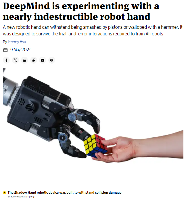 'A new robot hand provides extremely fast and flexible finger movements, while also being tough enough to survive intense damage. That durability helps the hand, which is already being used in Google DeepMind’s robotics experiments' @newscientist