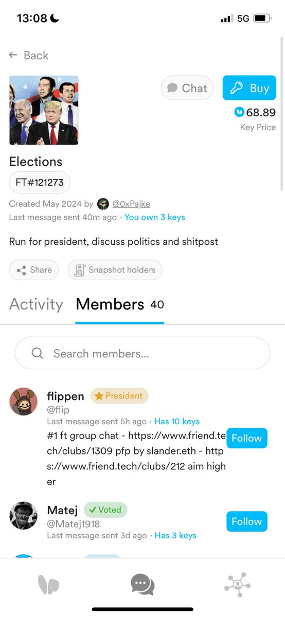 Election discussion club on Friend Tech Current President @flippen6485 Ansem is in, active community Discussions being had all day Fair & cheap entry price into the club, about $100 at current $FRIEND prices friend.tech/clubs/121273