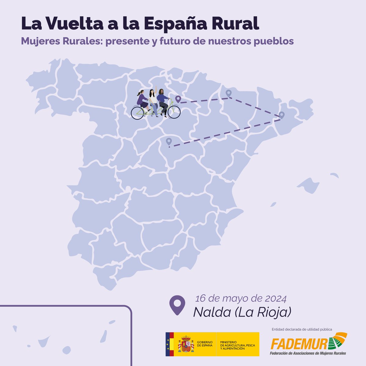 #LaRioja acogerá la próxima etapa de #LaVueltaalaEspañaRural 📍 En #Nalda (La Rioja) 🗓️ el 16 de mayo No te pierdas la gira con la que estos meses estamos acercando a las #mujeresrurales herramientas para mejorar su situación laboral💜 ¿Te vienes?