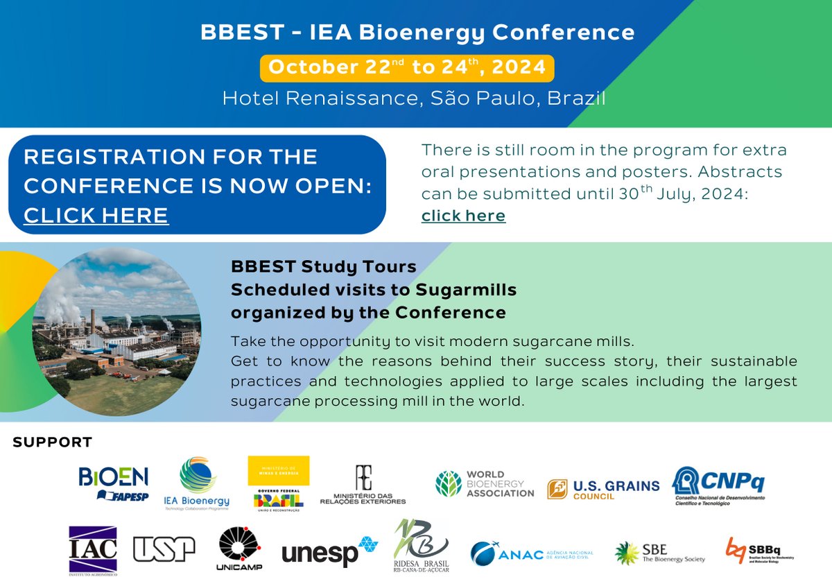 🎯 Register now for the BBEST – IEA Bioenergy 2024 Conference, taking place in São Paulo, Brazil, from October 22nd to 24th, 2024. 🇧🇷 Organized by the Bioenergy Research Program / FAPESP), the IEA Bioenergy Technology Collaboration Program, and the Bioenergy Society (SBE), the