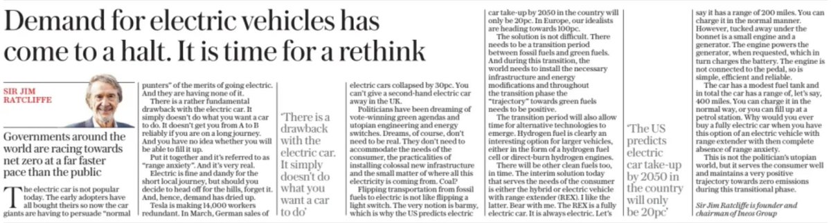 Fossil-fueled chemicals boss Sir Jim Ratcliffe has an anti-EV tirade in today’s Daily Telegraph, littered with outright falsehoods, half-truths and selective facts Exhibit 1: Far from 'coming to a halt', EV demand grew by 25% in Q1 of this year Let’s take a look shall we? 1/