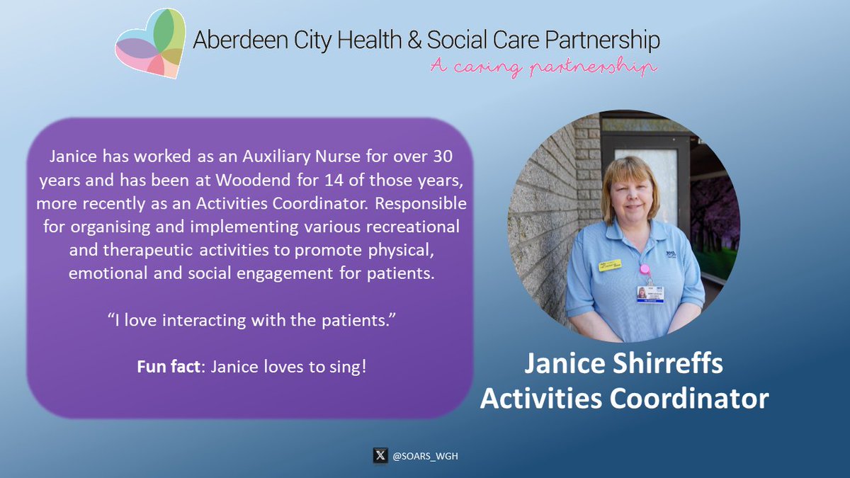 We continue to shine a spotlight on some of our fantastic team in the run up to #InternationalNursesDay. We're proud to introduce you to Janice who has worked as a Healthcare Support Worker and more recently as an Activities Co-ordinator at Woodend #IND2024 #OurNursesOurFuture
