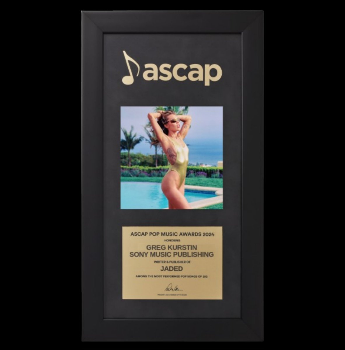 “JADED” by Miley Cyrus has won an ASCAP award. —The American Society of Composers, Authors and Publishers.