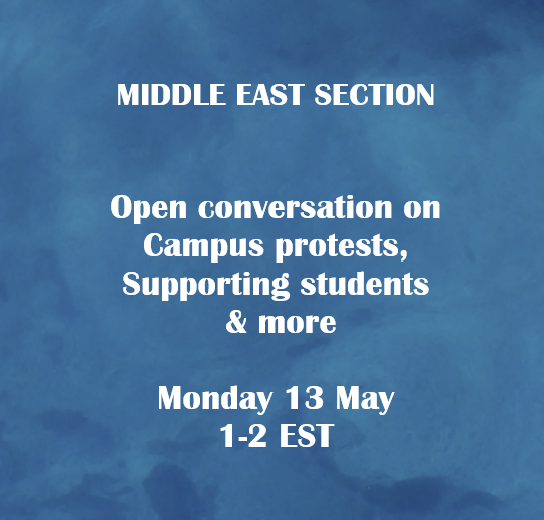 MES invites you to debrief and share ideas and experiences from your campus, esp. regarding supporting student protesters, supporting Palestinian students, and faculty mobilization. Monday, May 13, from 1-2 EST. Zoom meeting no. 770288330 .