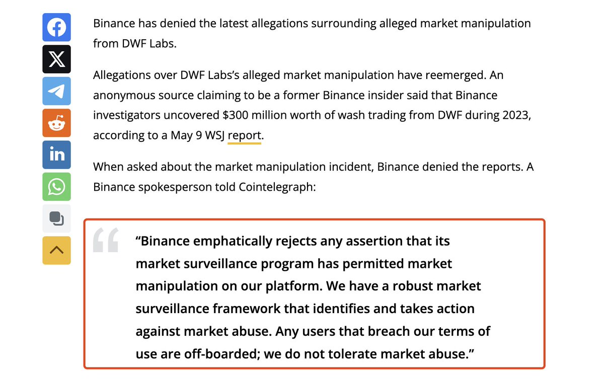 马德，今天DWF 就吃瓜结束了？—— 币安否认DWF Labs 操纵市场！  问询了一些圈内相关人员，本来以为可能是个惊天大瓜，结果Cointelegraph 报道显示，币安发言人否定了操控市场的行为，  难道这波可能还没开始就结束了？没意思！ DWF Labs 账户在币安达到了