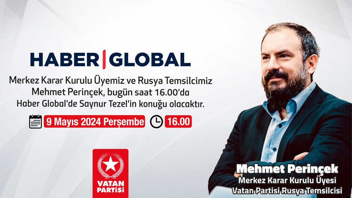 Merkez Karar Kurulu Üyemiz ve Rusya Temsilcimiz Mehmet Perinçek, bugün saat 16.00’da Haber Global'de Saynur Tezel'in konuğu olacaktır.