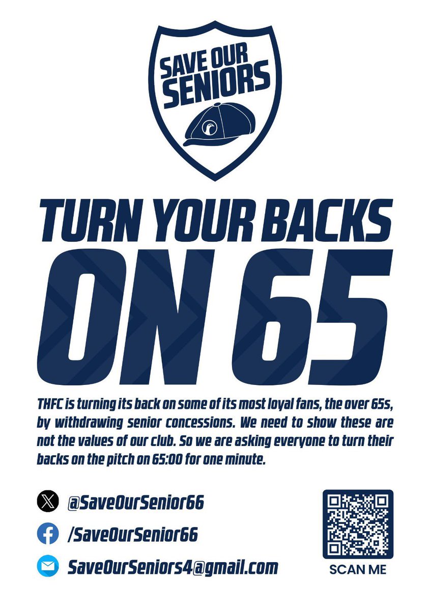 💥TAKE ACTION💥

📣TURN YOUR BACKS ON 65 📣

📆 Spurs v Burnley on Saturday 

⏱️Turn round for a minute on 65 mins to protest against the club’s plan to axe senior concessions 

#SaveOurSeniors #TurnRound65 #Protest65 #COYS

PLEASE SHARE & JOIN US 💪