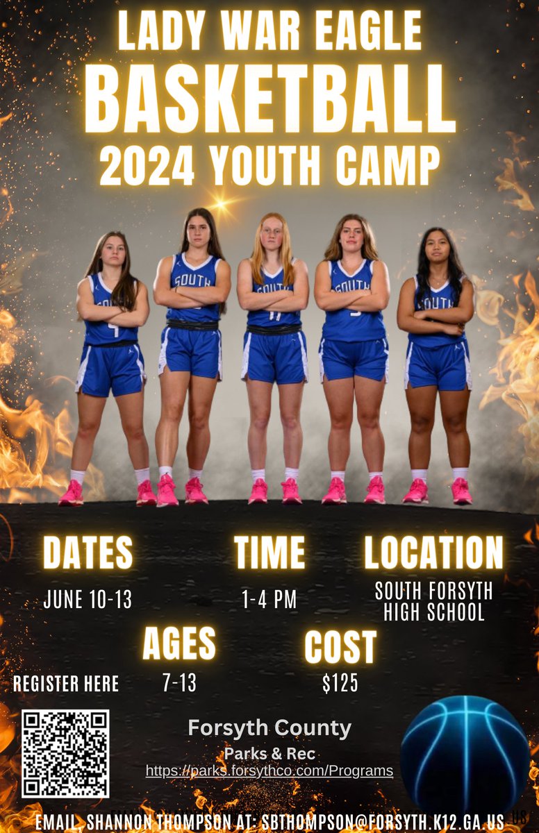 Join our players for Youth Camp this summer!  Fun and Basketball June 10-13, 1-4 pm each day.  Register at online with FORSYTH CO. Parks and Rec. at: secure.rec1.com/GA/forsyth-cou…