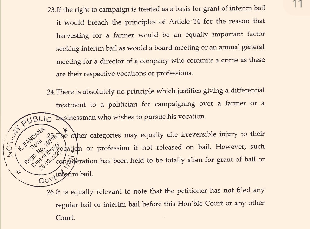 ED opposes interim bail to #ArvindKejriwal : If Right to campaign is treated as a basis to grant interim bail then it would violate Article 14 and differential treatment cannot be given to a politician @dir_ed #ArvindKejriwalArrested