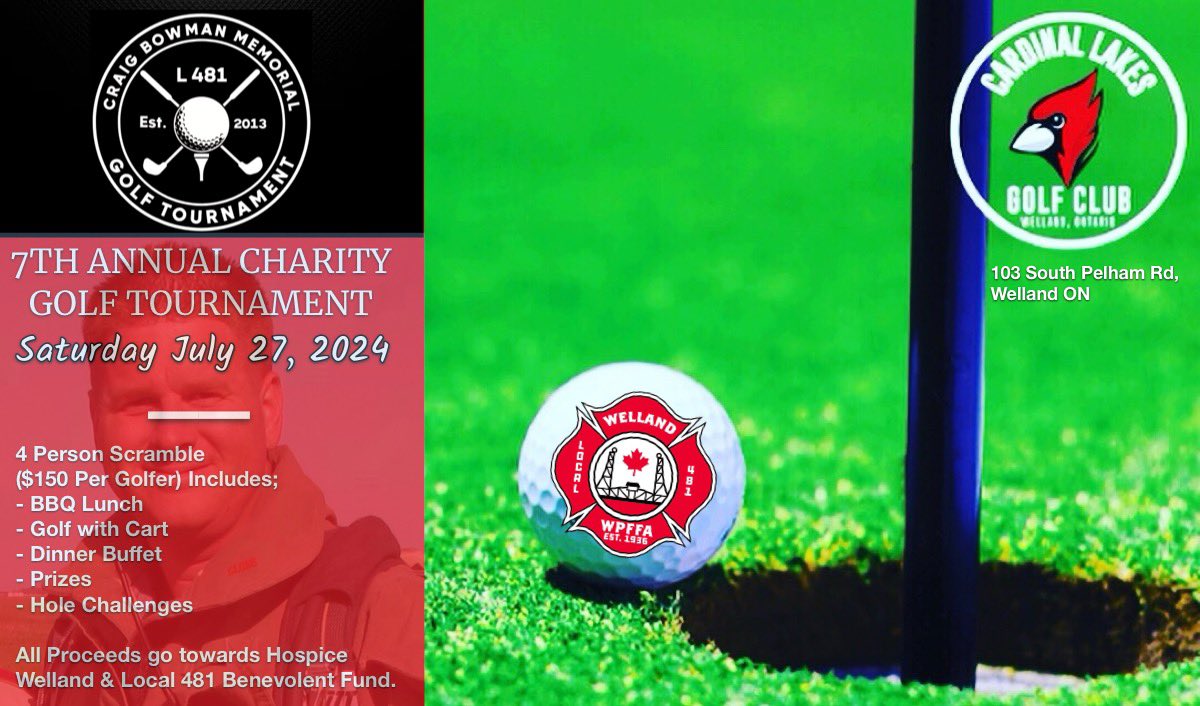 Our 7th Annual Charity Golf Tournament will be held at @CardinalLakes in @Welland on July 27th. Registration is now open, please contact any of our Firefighters or one of our social media accounts if you’d like to enter a team. We have renamed this tournament after Captain Craig