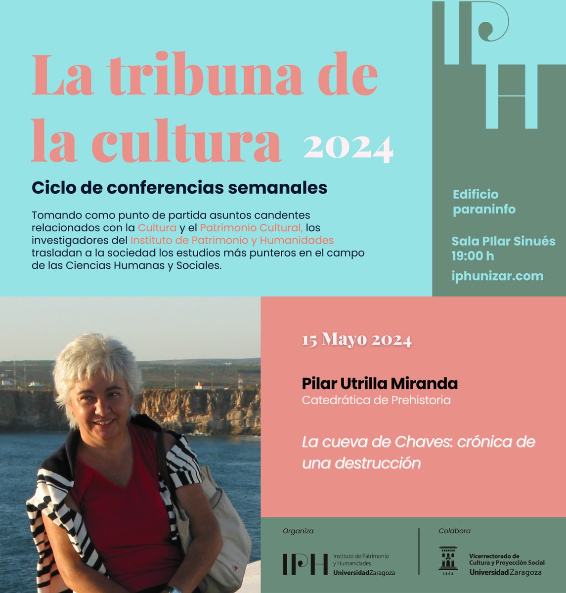 🎉¡Vuelve #LaTribunaDeLaCultura! Tras el éxito de acogida del año pasado, reanudamos nuestro ciclo de #conferencias de #divulgación el próximo miércoles, 15 de mayo (19 h), con la prehistoriadora Pilar Utrilla, que hablará sobre 'La cueva de Chaves: crónica de una destrucción'.