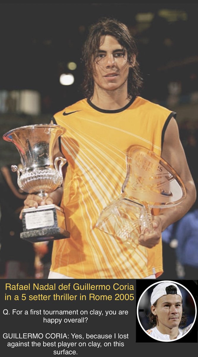 On his debut in Rome as a teenager, 18 y/o Rafael Nadal defeated Guillermo Coria in the final, 6–4, 3–6, 6–3, 4–6, 7–6 to win the men's singles title at the 2005 Italian Open in a 5 setter thriller. 🏆

Rafa’s journey to Greatness 🐐

@RafaelNadal 🐐👑🥇

#ItalianOpen