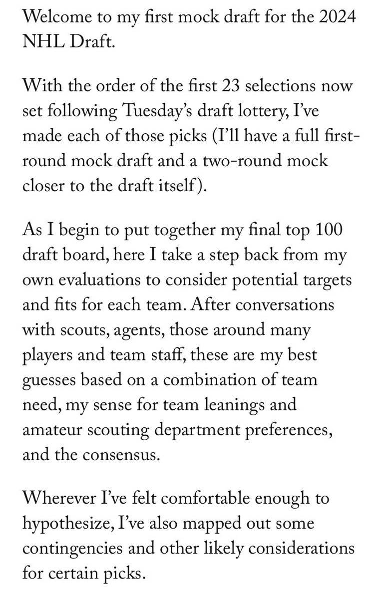 My first mock draft for the 2024 NHL Draft is out at @TheAthletic! Making the first 23 picks based on everything I’ve gathered so far: theathletic.com/5477442/2024/0…