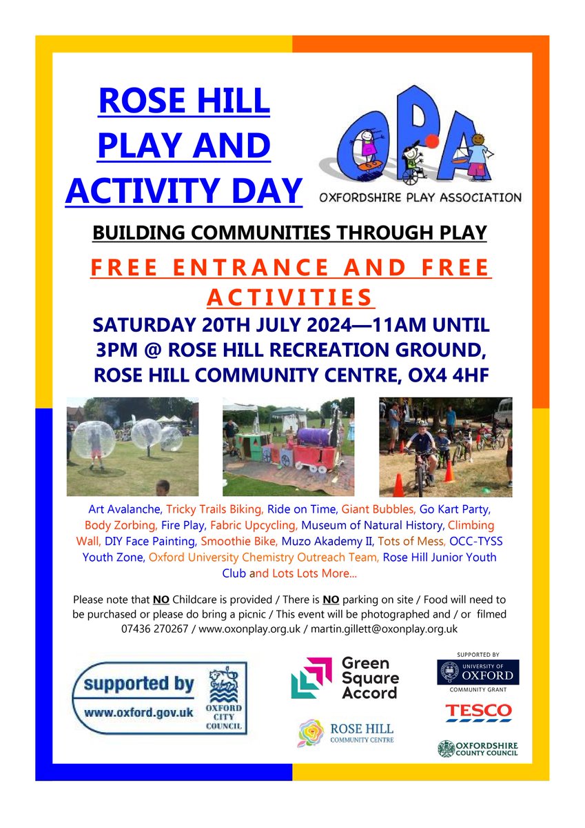 We are delighted to be returning to Rose Hill to deliver another Playday event on Saturday 20th July - FREE Entrance & FREE Activities - See You There 👍@rosehilljyc @RoseHillNews @OxfordCity @greensquareaccord @HomeStart_Ox @PeepleCentre @actsoxfordshire