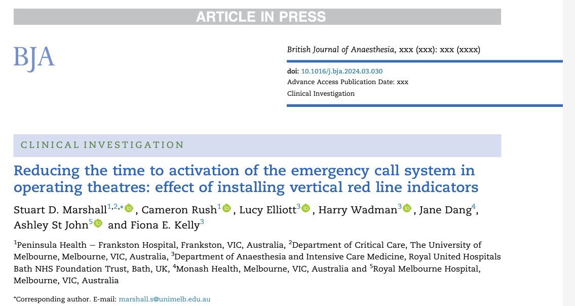 Thank you to @hypoxicchicken for sharing his idea for vertical red lines in theatre -making emergency call bells easier to find Post implementation, activation of emerg call bell: ✅>10s: 32% ➡️14% ✅>20s: 19% ➡️5% bjanaesthesia.org/article/S0007-… @BJAJournals @CritCareUniMelb @RUHBath