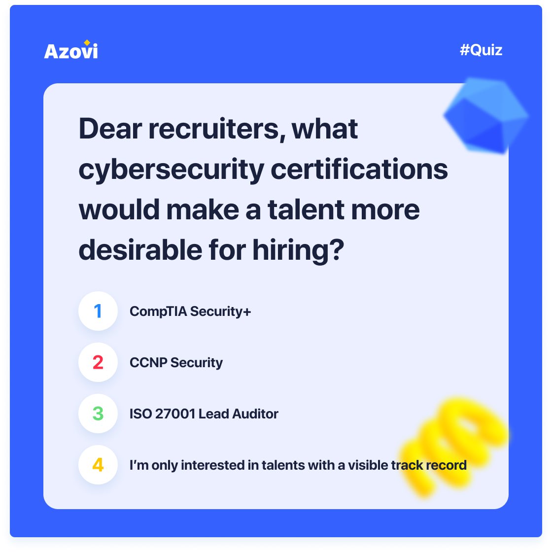 Certifications are great. It’s one of the ingredients used in building trust. So is proof of work. Why not do both. Get certified and demonstrate your skill on capstone projects on Azovi 

Sign up 
app.azovi.io
#talentsourcing #talentdiscovery #techjobs #hiring #itjob