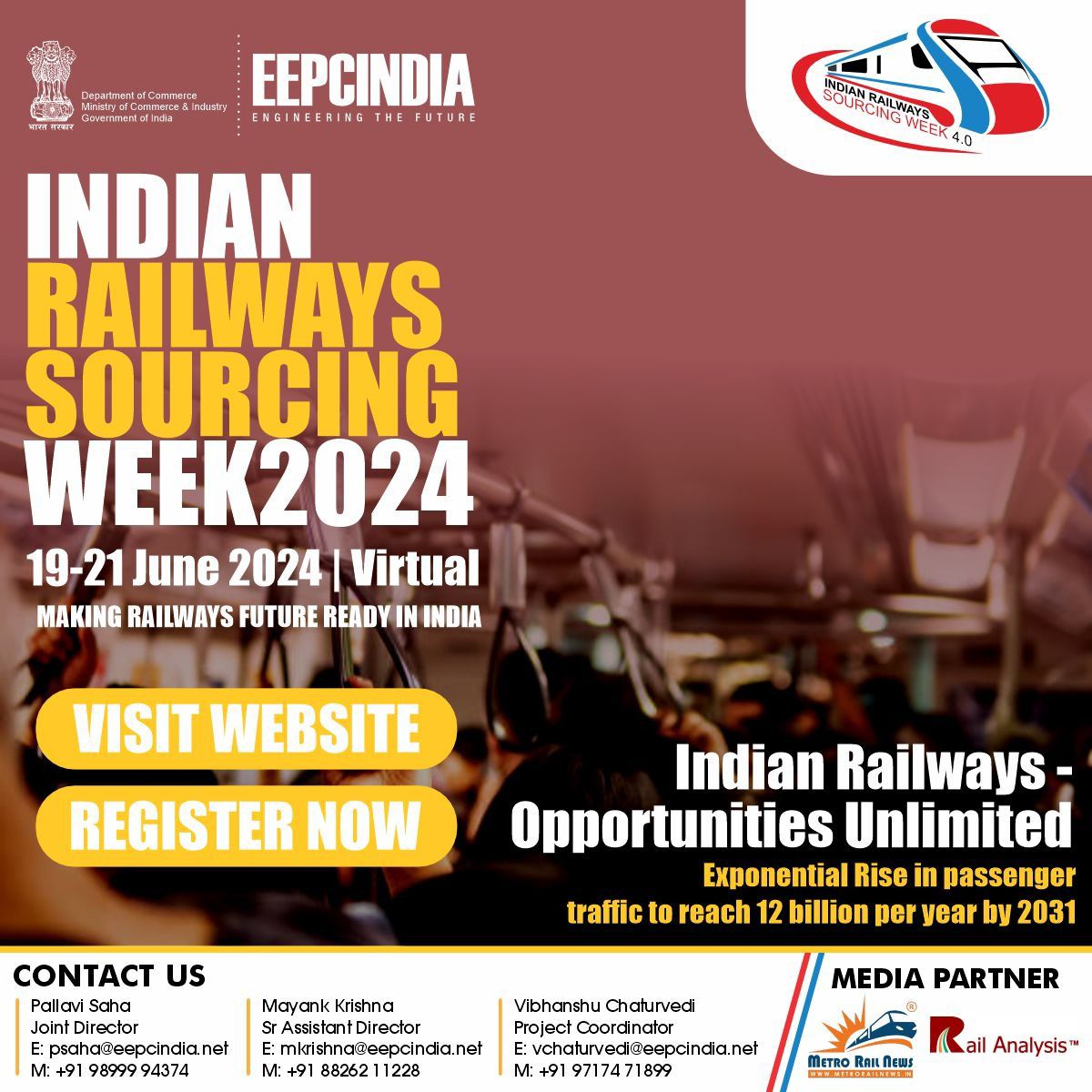 Indian Railways currently ferrying 22.3 million passengers is expected to experience a exponential rise in the traffic, opening vistas of opportunities for investors and suppliers Find out more @ #IRSW4.0 👉Register eepcvirtualexpo.com/conference_man… 👉Navigate eepcvirtualexpo.com/railwaysourcin…